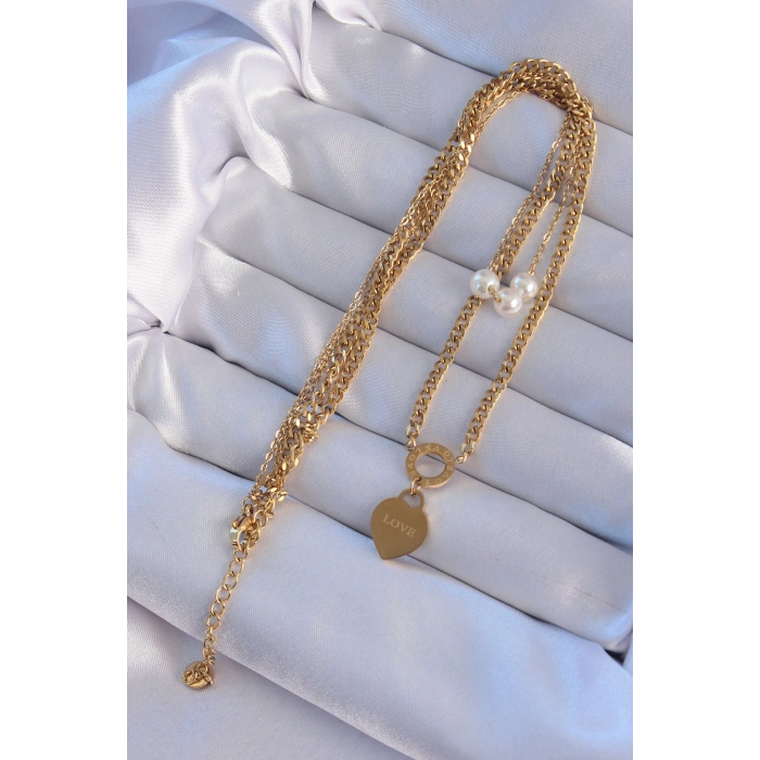 316L Çelik Gold Renk Çift Zincir İnci Detayı Love Kalp Kolye