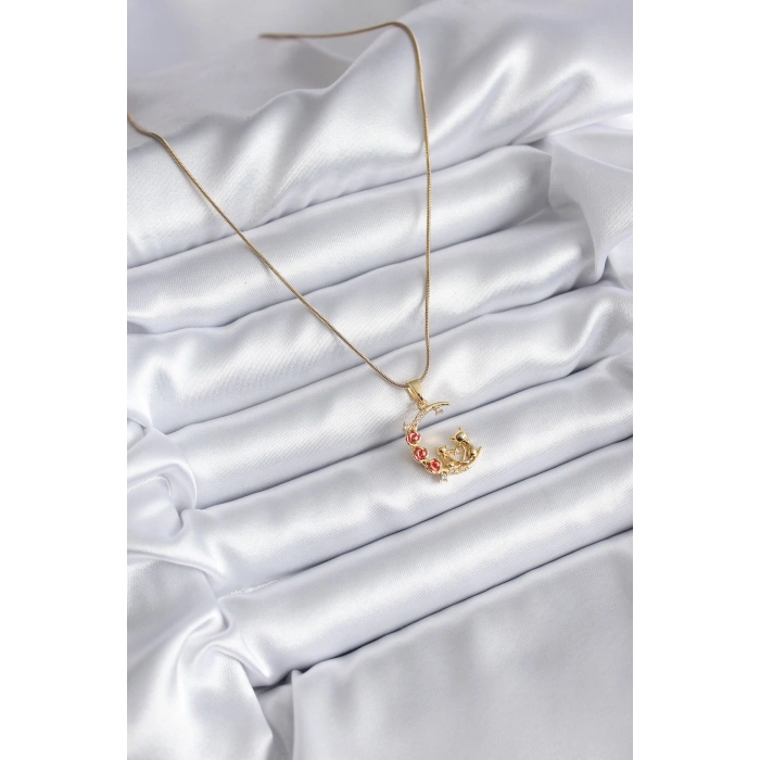 316L Çelik Gold Renk Hilal Kedi Model Zirkon Taşlı Detay Kadın Kolye