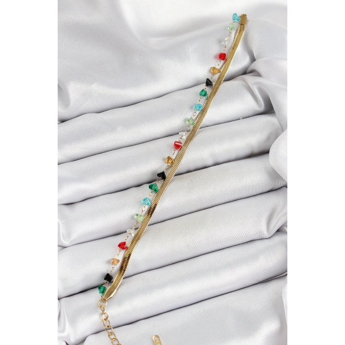 316L Çelik Gold Renk Kristal Karışık Renkli Taşlı 2li Kadın Bileklik