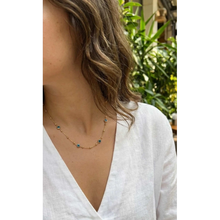 316L Çelik Gold Renk Nazarlı ve Topçuklu Model Kadın Kolye