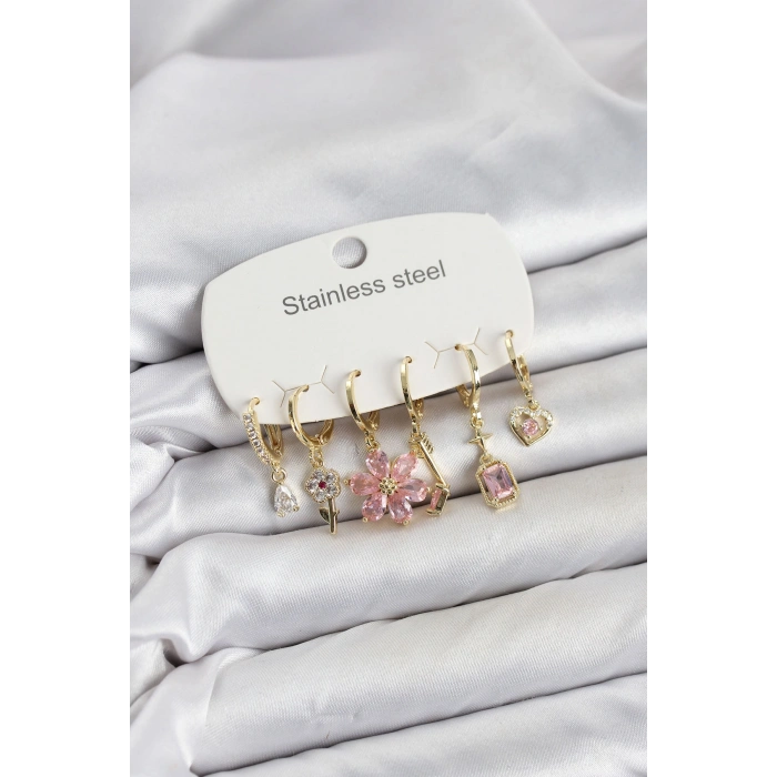 316L Çelik Gold Renk Pembe Zirkon Taşlı Lotus Detaylı Kadın Küpe Seti