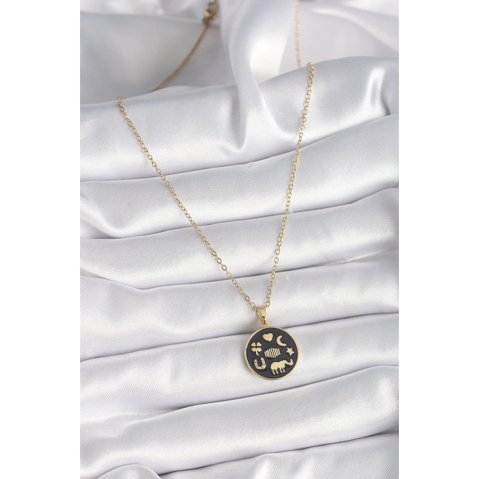 316L Çelik Gold Renk Siyah Şans Kolyesi