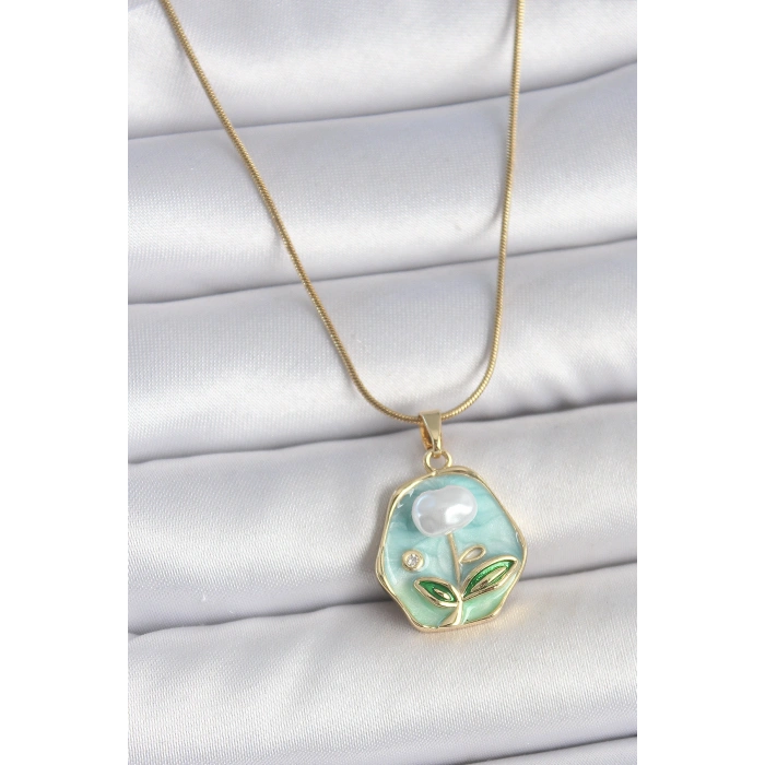 316L Çelik Gold Renk Zincir Mavi Çiçek İşlemeli İnci İşlemeli Portre Model Kadın Kolye