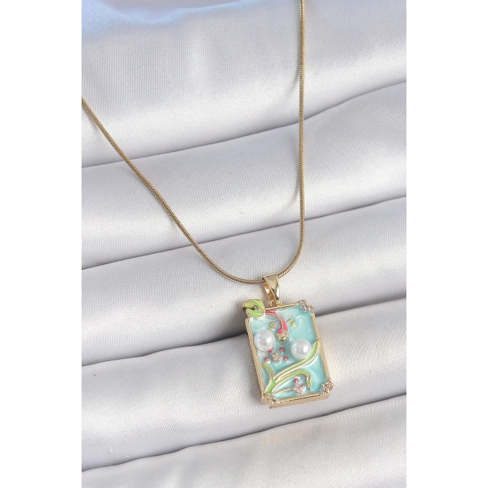 316L Çelik Gold Renk Zincir Mavi Mineli İncili Çiçek İşlemeli Portre Model Kadın Kolye