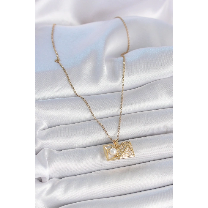 316L Çelik Gold Renk Zincir Zirkon Taşlı Açılır İncili Elmas Model Kadın Kolye