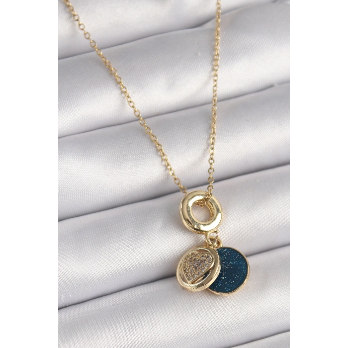 316L Çelik Gold Renk Zincir Zirkon Taşlı Kalp Model Mavi Simli Kadın Kolye
