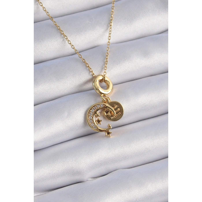 316L Çelik Gold Renk Zirkon Taşlı Ay Yıldız  Model Charm Model Kadın Kolye