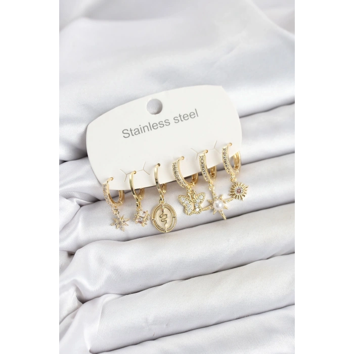 316L Çelik Gold Renk Zirkon Taşlı Charm Detaylı Kadın Küpe Seti