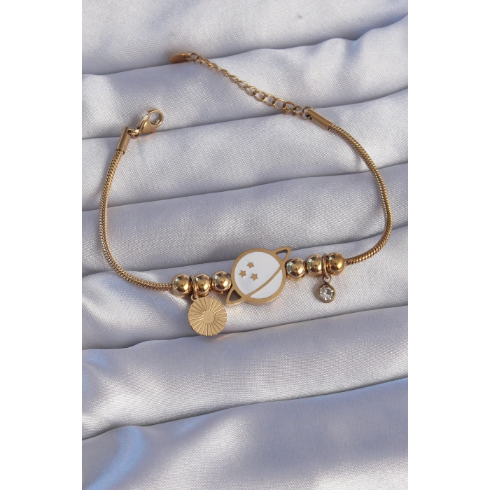 316L Çelik Gold Renk Zirkon Taşlı Mineli Satürn Tasarımlı Bileklik