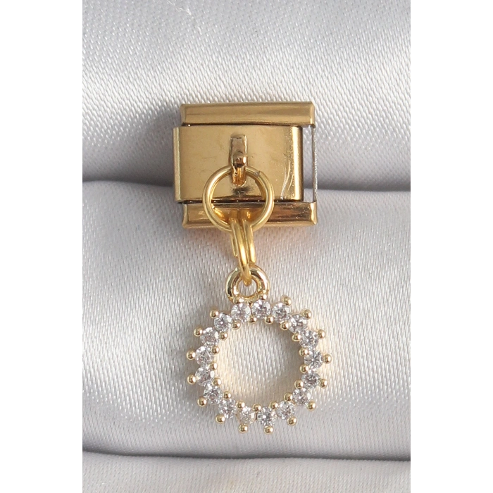 316L Çelik Gold Renk Zirkon Taşlı Sallantı Güneş Model Nomination Charm