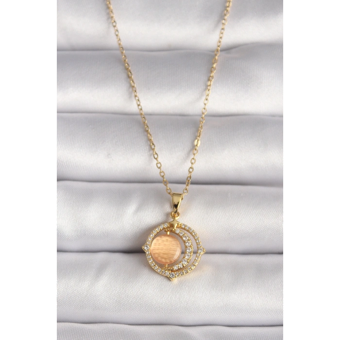 316L Çelik Gold Renk Zirkon Taşlı Turuncu Sedefli Hilal Model Kadın Kolye