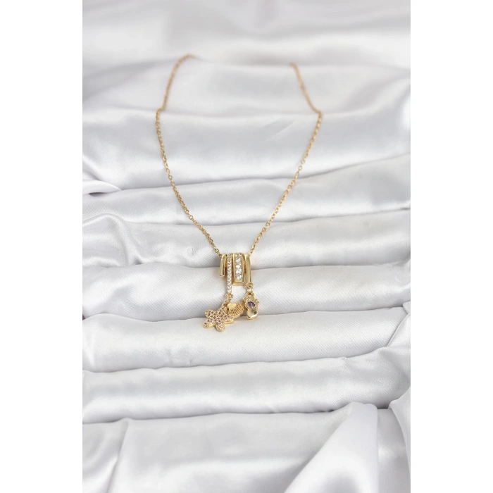 316L Çelik Gold Zirkon Taşlı Deniz Tema Charmlı Kadın Kolye