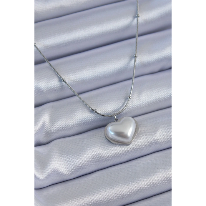 316L Çelik Gümüş Renk İncili Kalp Model Minimal Top Detay Kadın Kolye