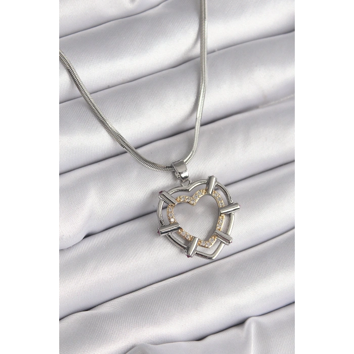 316L Çelik Gümüş Renk İtalyan Zincir Mix Renk Zirkon Taş Detay Kalp Model Kadın Kolye