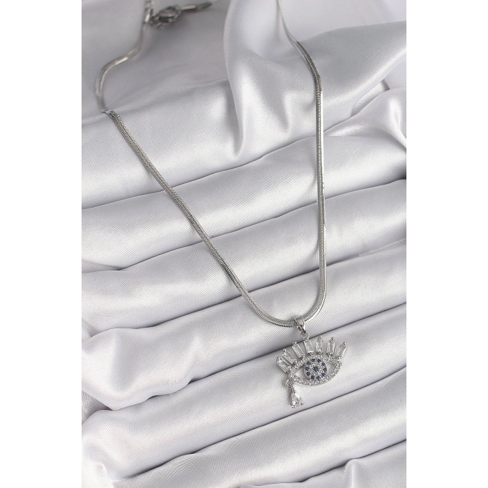 316L Çelik Gümüş Renk İtalyan Zincir Zirkon Taşlı Göz Model Kadın Kolye