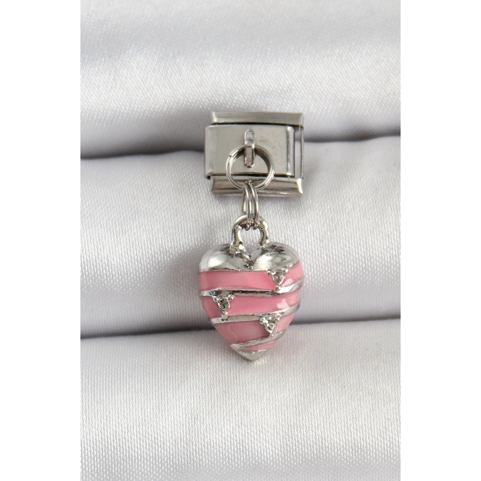 316L Çelik Gümüş Renk Pembe Kalp Model Nomination Charm