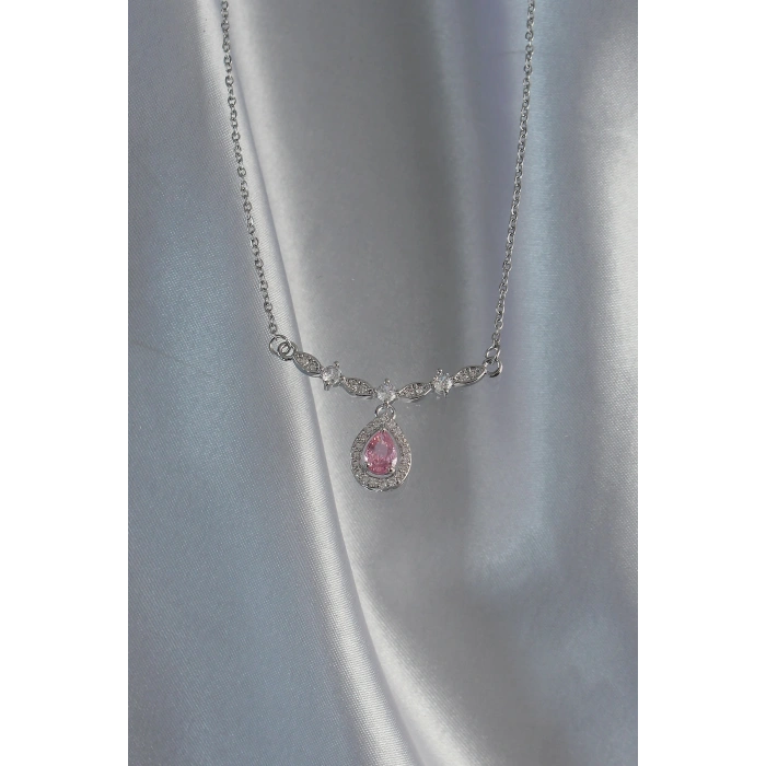 316L Çelik Gümüş Renk Pembe Zirkon Taşlı Damla Kolye