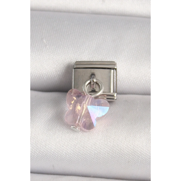 316L Çelik Gümüş Renk Pembe Zirkon Taşlı Kelebek Model Nomination Charm