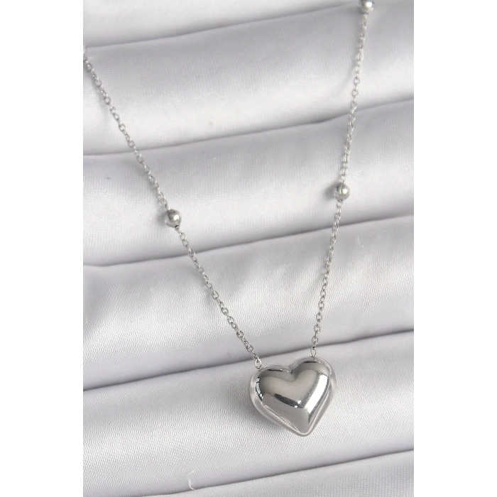 316L Çelik Gümüş Renk Topçuk Detay Zincir Kalp Model Kadın Kolye