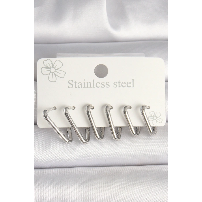 316L Çelik Gümüş Renk Üçgen Model Kadın Küpe Seti