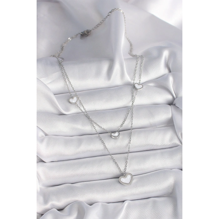 316L Çelik Gümüş Renk Zincir 2Li Zincir Kalp Model Kadın Kolye