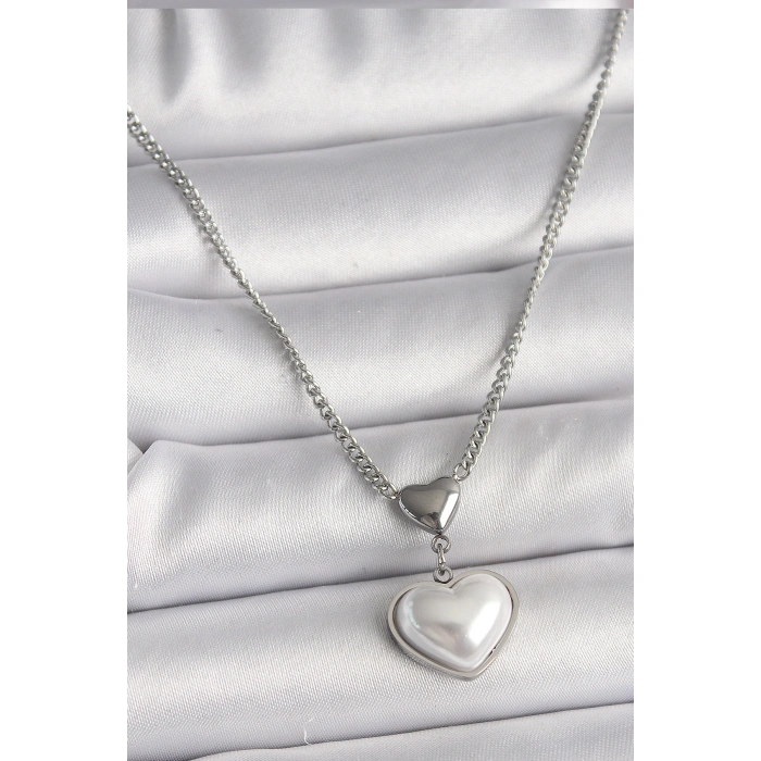 316L Çelik Gümüş Renk Zincir 3D Kalp Model Kadın Kolye