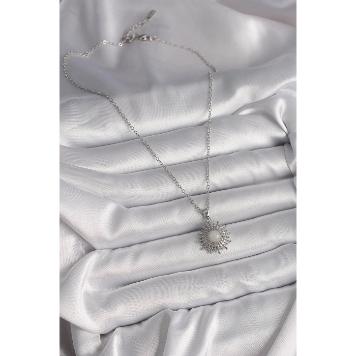 316L Çelik Gümüş Renk Zincir Beyaz Mineli Güneş Model Kadın Kolye