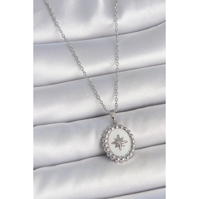 316L Çelik Gümüş Renk Zincir Beyaz Mineli Kutup Yıldız İşlemeli Madalyon Model Kadın Kolye