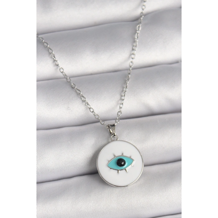 316L Çelik Gümüş Renk Zincir Beyaz Mineli Turkuaz Göz İşleme Model Kadın Kolye