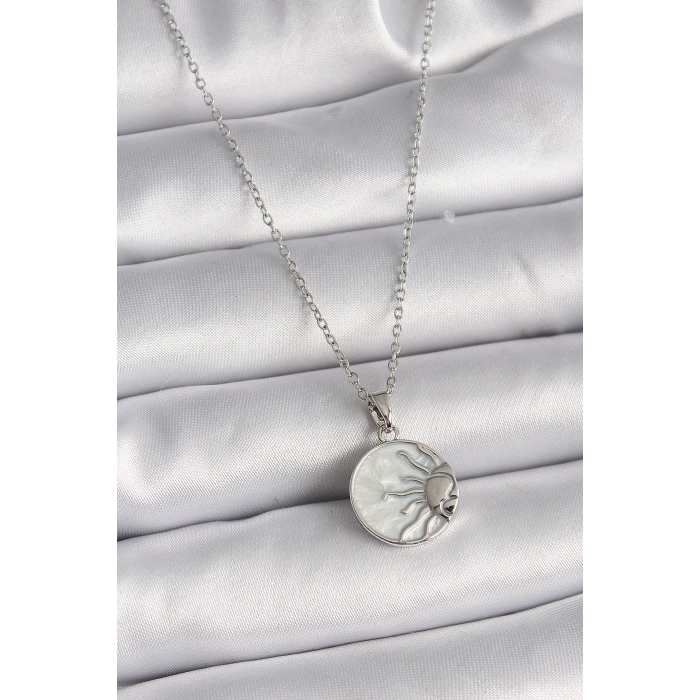 316L Çelik Gümüş Renk Zincir Beyaz Sedefli Gün Batımı Model Kadın Kolye