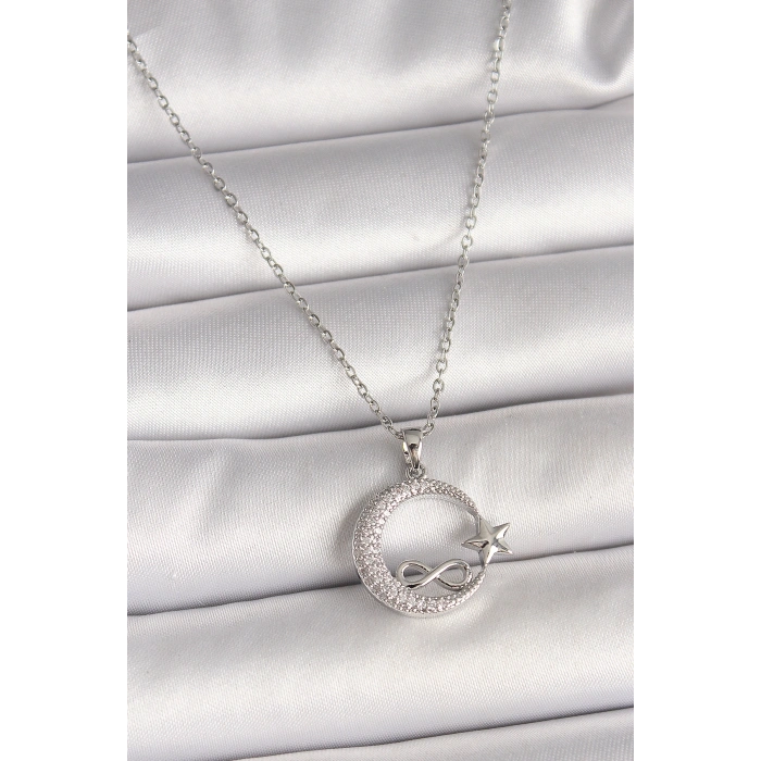 316L Çelik Gümüş Renk Zincir Zirkon Taşlı Ay Yıldız Model Sonsuzluk Detay Kadın Kolye