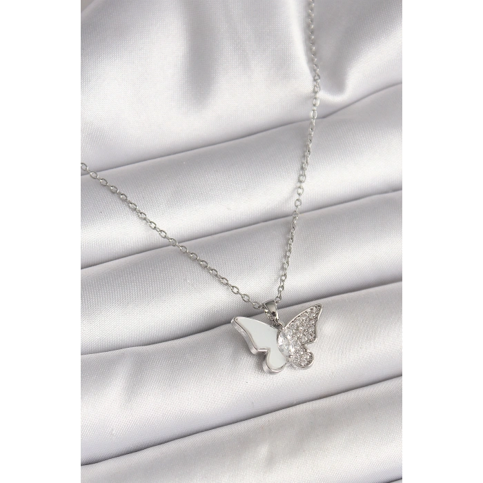 316L Çelik Gümüş Renk Zincir Zirkon Taşlı Beyaz Mineli Kelebek Model Kadın Kolye