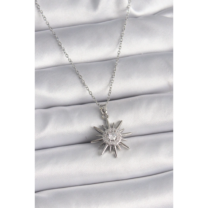 316L Çelik Gümüş Renk Zincir Zirkon Taşlı Güneş Model Kadın Yüzük