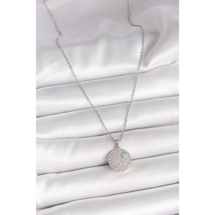 316L Çelik Gümüş Renk Zincir Zirkon Taşlı Mavi Taş Detaylı Madalyon Model Kadın Kolye