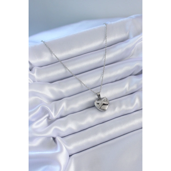 316L Çelik Gümüş Renk Zirkon Taşlı Kalp Model Kadın Kolye