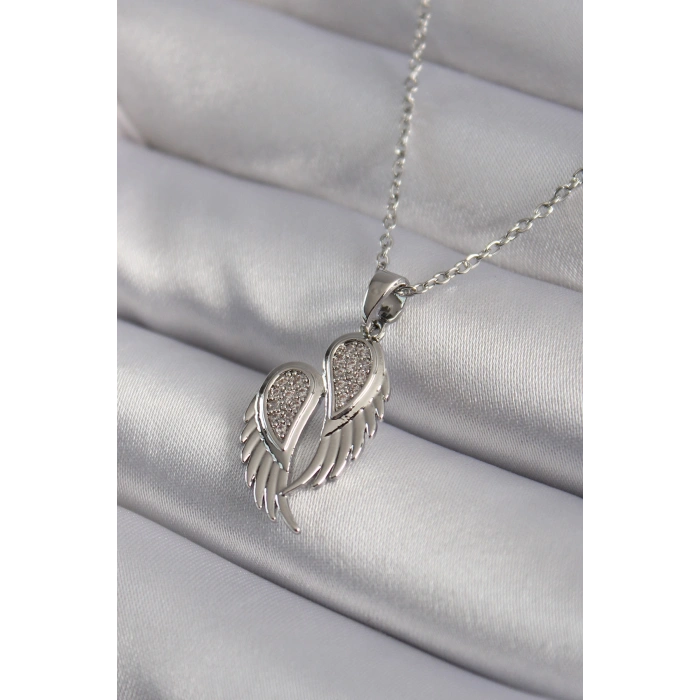 316L Çelik Gümüş Renk Zirkon Taşlı Kanat Model Kadın Kolye