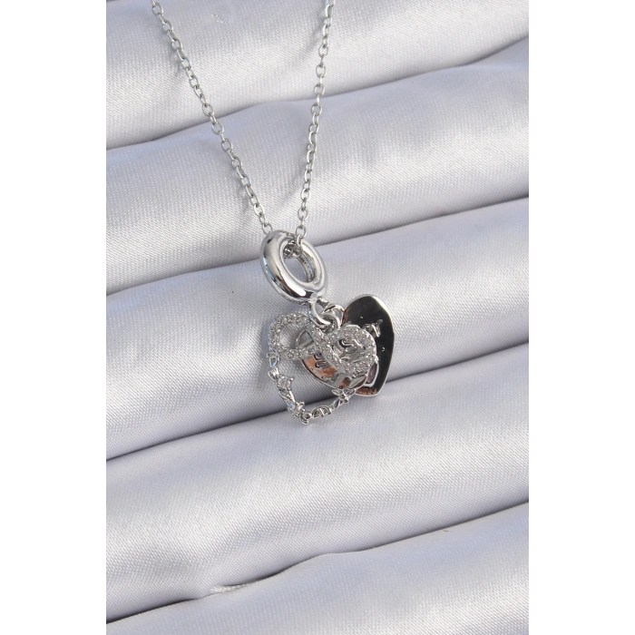 316L Çelik Gümüş Renk Zirkon Taşlı Sonsuzluk Kalp Figür Charm Model Kadın Kolye