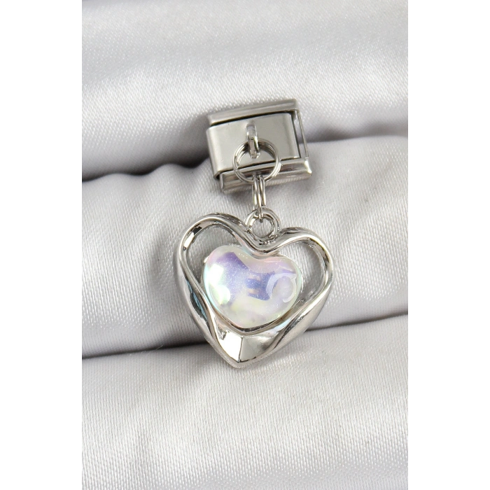 316L Çelik Sallantılı Zirkon Taşlı Kalp Model Gümüş Renk Nomination Charm