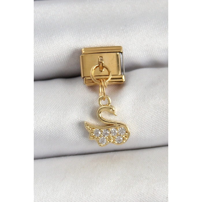 316L Çelik Sallantılı Zirkon Taşlı KuğuModel Gold Renk Nomination Charm