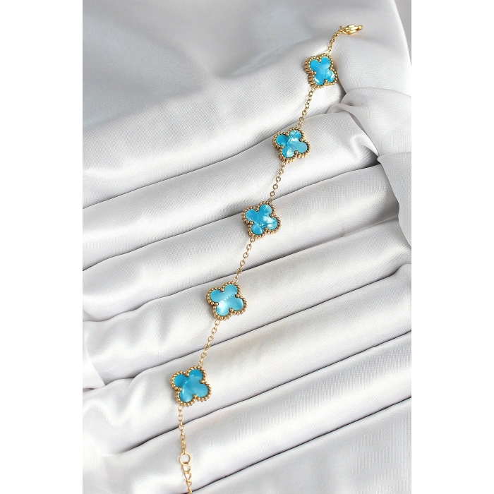 316L Çelik Sedefli Gökyüzü Mavisi Gold Renk Yonca Kadın Bileklik