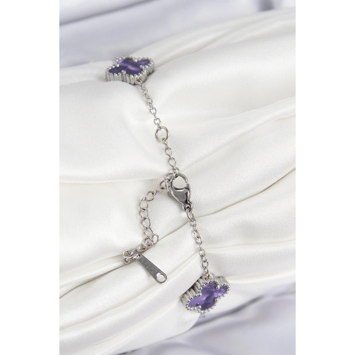 316L Çelik Sedefli Mor Gümüş Renk Yonca Kadın Bileklik