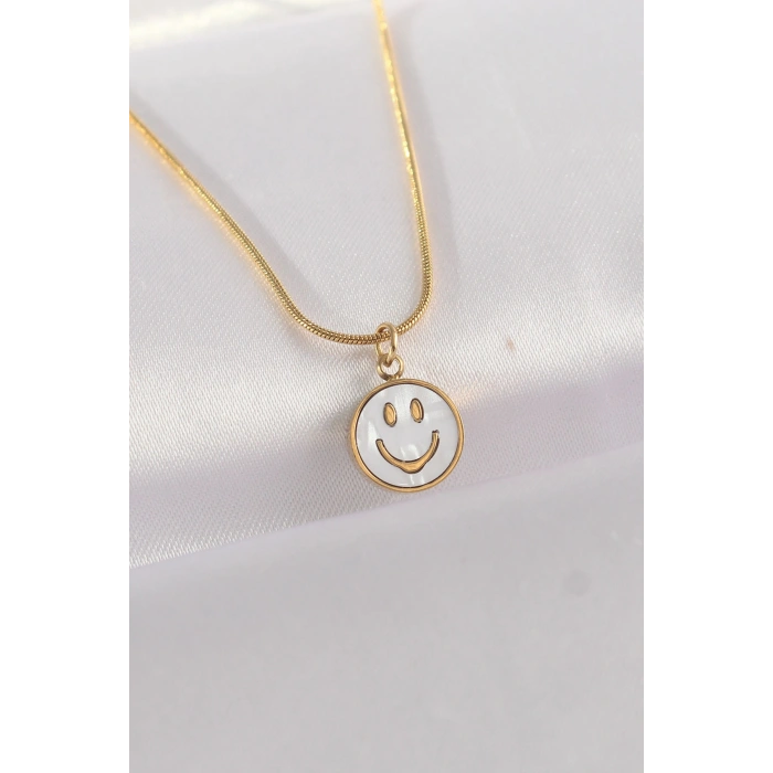 316L Çelik Zincir Altın Renk Mermer Desenli Minimal Smile Kolye