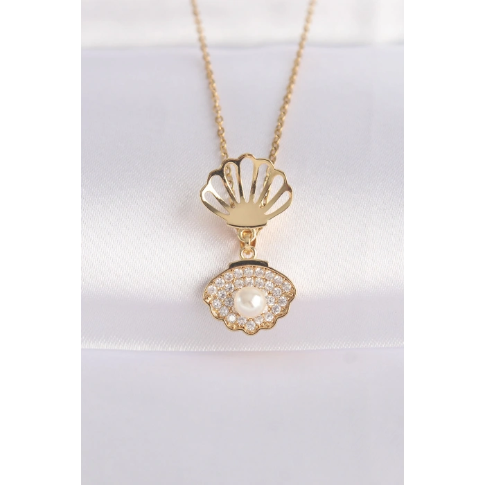 316L Çelik Zincir Altın Renk Zirkon Taşlı İnci Detay İstiridye Kolye