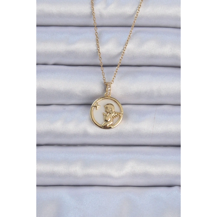 316L Çelik Zincir Altın Renk Zirkon Taşlı Mineli Melek Kolye