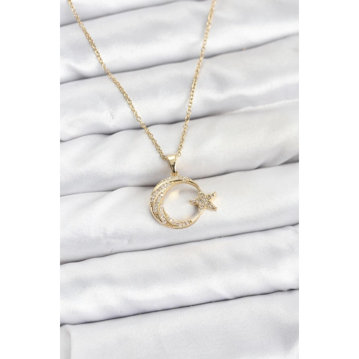316L Çelik Zincir Gold Renk Ay Yıldız Model Zirkon Taşlı Kadın Kolye