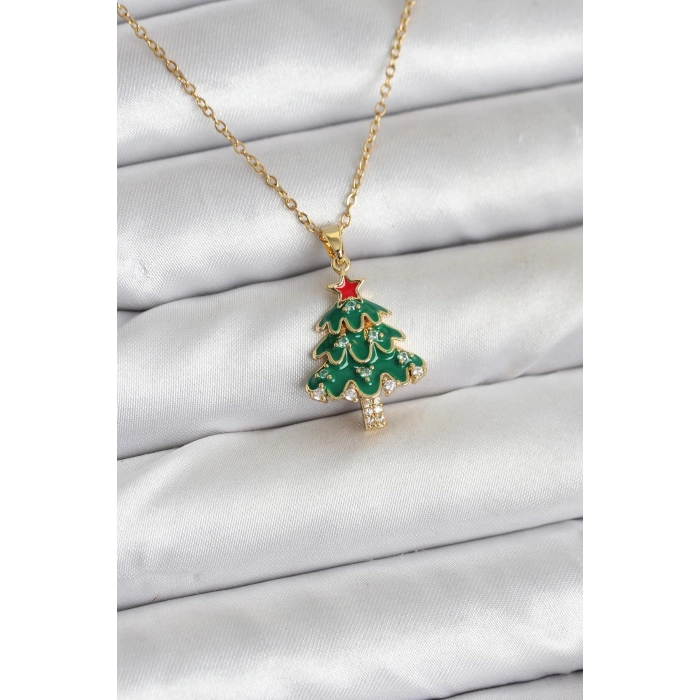 316L Çelik Zincir Gold Renk Çam Ağacı Model Yılbaşı Temalı Kadın Kolye