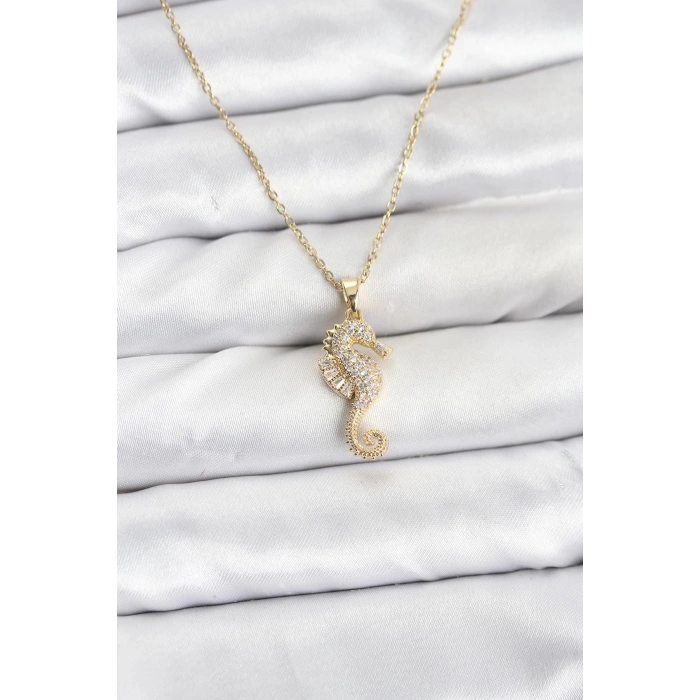 316L Çelik Zincir Gold Renk Deniz Atı Model Zirkon Taşlı Kadın Kolye