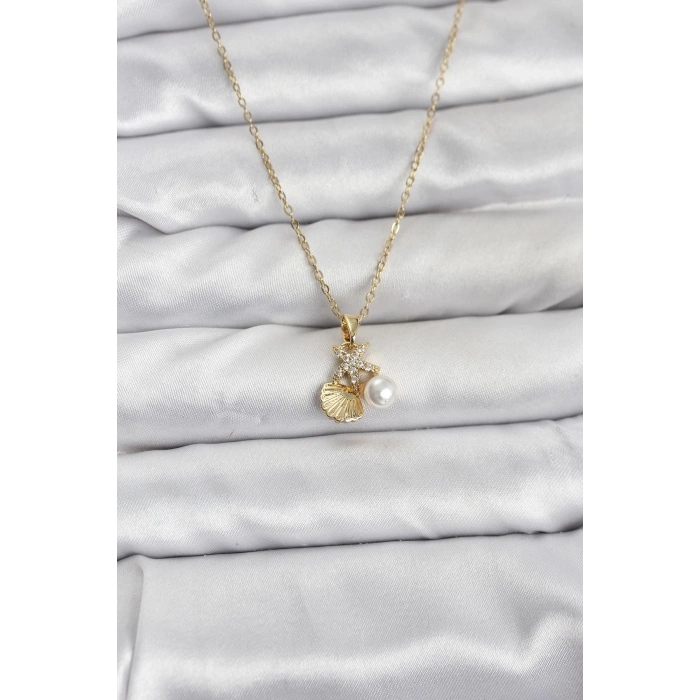 316L Çelik Zincir Gold Renk Deniz Kabuğu ve Deniz Yıldızı Model Zirkon Taşlı Kadın Kolye