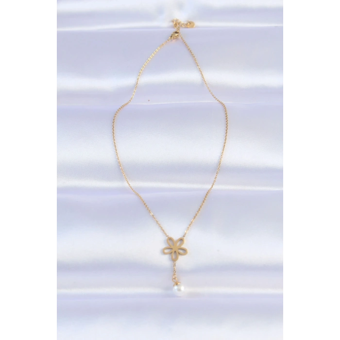 316L Çelik Zincir Gold Renk İnci Detay Çiçek Kolye