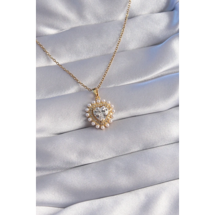 316L Çelik Zincir Gold Renk İncili Zirkon Taşlı Kalp Tasarımlı Kolye